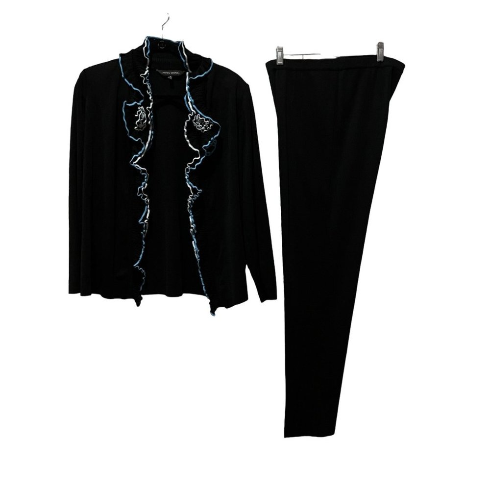 Ming Wang Pant Suit Ruffled Front Jacket Comfortable Knit Pants